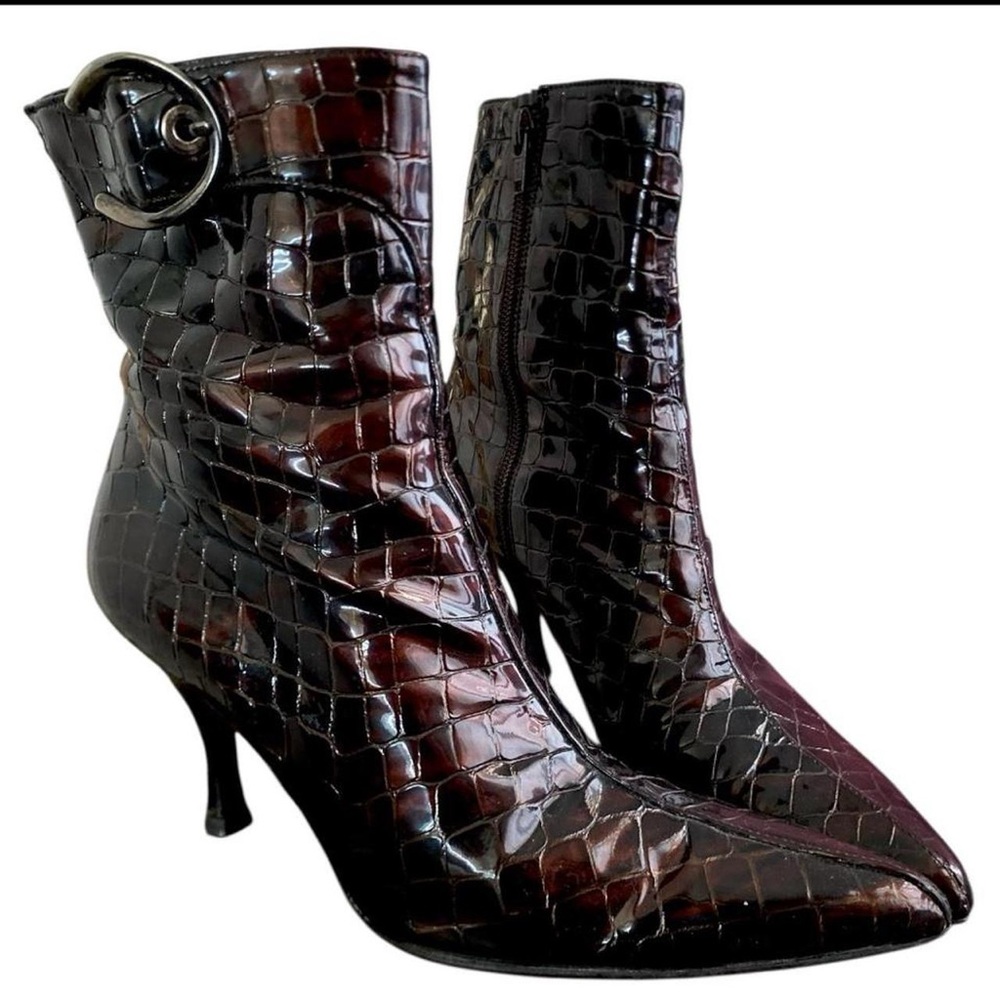 Stuart Weitzman Burgundy Croc-Embossed Patent Leather Ankle Boots